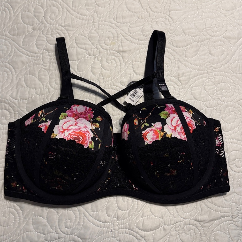 Torrid Black and Pink Floral Strapless Bra 40DDD NWT